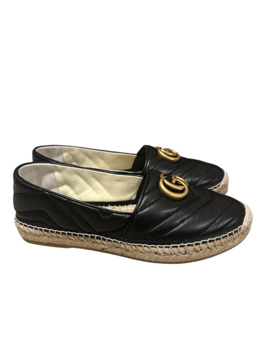 GUCCI Charlotte GG Black Quilted Leather Espadrille Flats - Picture 4 of 13